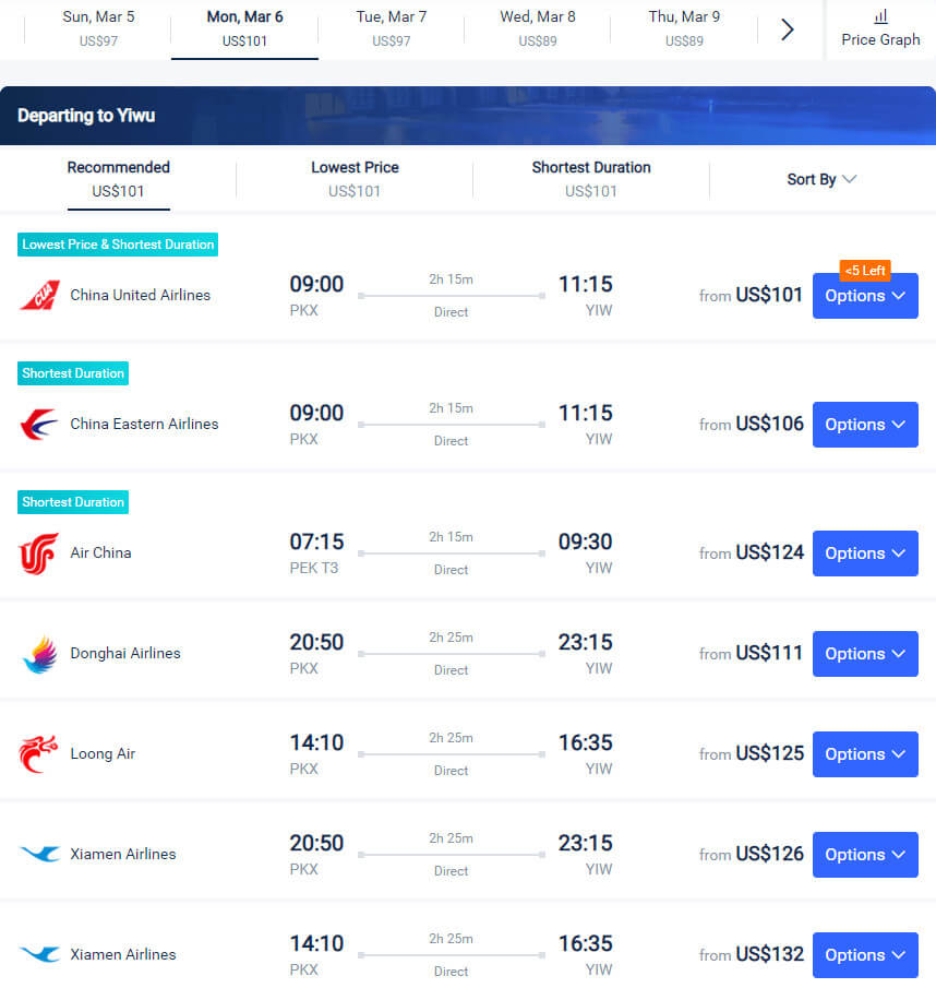 Flights from Beijing to Yiwu